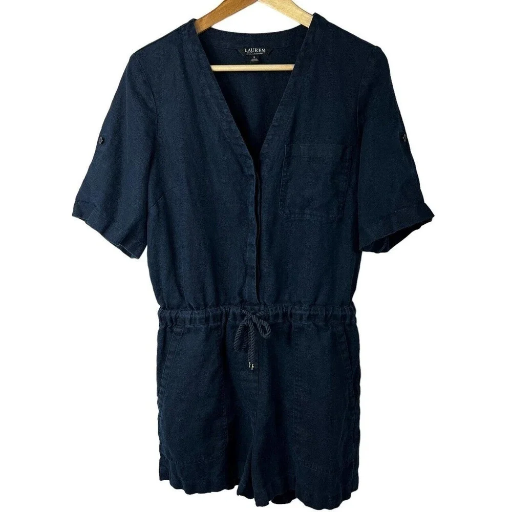 Lauren Ralph Lauren Navy Blue Linen Romper Size 6 Short Sleeve